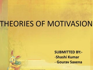 SUBMITTED BY:-
-Shashi Kumar
- Gourav Saxena
THEORIES OF MOTIVASION
 