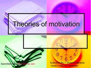 Theories of motivation
Submitted To :->Miss Namita Jain
Submitted By:-> Shakshi Ranawat
Class:-> MCA 4th semester
 