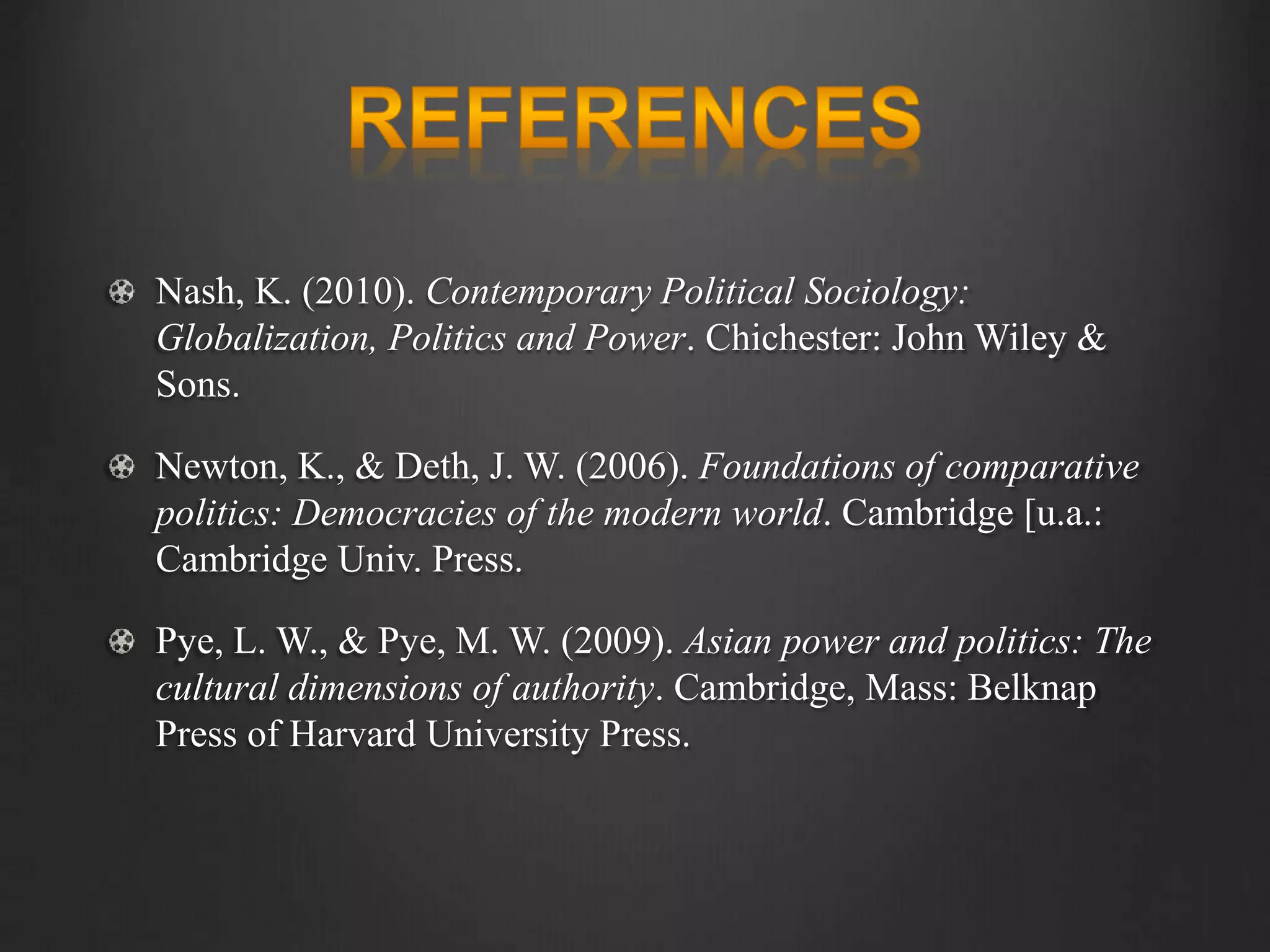 Nash, K. (2010). Contemporary Political Sociology:
Globalization, Politics and Power. Chichester: John Wiley &
Sons.
Newton, K., & Deth, J. W. (2006). Foundations of comparative
politics: Democracies of the modern world. Cambridge [u.a.:
Cambridge Univ. Press.
Pye, L. W., & Pye, M. W. (2009). Asian power and politics: The
cultural dimensions of authority. Cambridge, Mass: Belknap
Press of Harvard University Press.
 