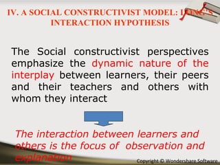 The Social constructivist perspectives emphasize the  dynamic nature of the interplay  between learners, their peers and their teachers and others with whom they interact The interaction between learners and others is the focus of  observation and explanation IV. A SOCIAL CONSTRUCTIVIST MODEL: LONG’S INTERACTION HYPOTHESIS 
