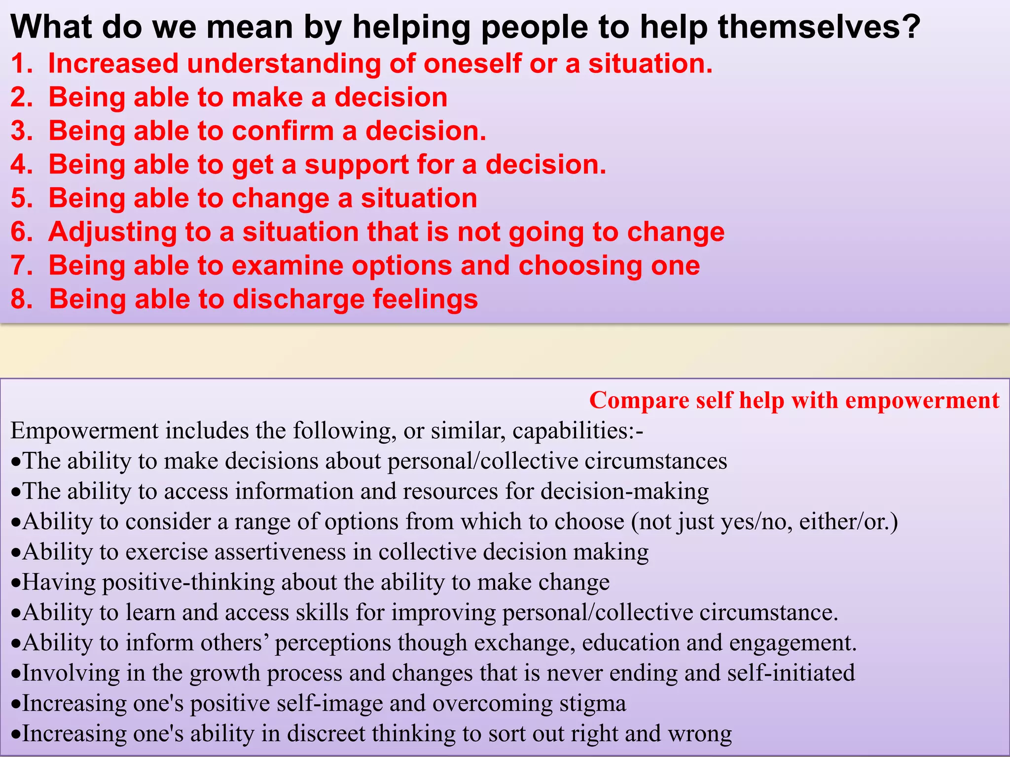 What do we mean by helping people to help themselves?
1.   Increased understanding of oneself or a situation.
2.   Being able to make a decision
3.   Being able to confirm a decision.
4.   Being able to get a support for a decision.
5.   Being able to change a situation
6.   Adjusting to a situation that is not going to change
7.   Being able to examine options and choosing one
8.   Being able to discharge feelings


                                                             Compare self help with empowerment
Empowerment includes the following, or similar, capabilities:-
The ability to make decisions about personal/collective circumstances
The ability to access information and resources for decision-making
Ability to consider a range of options from which to choose (not just yes/no, either/or.)
Ability to exercise assertiveness in collective decision making
Having positive-thinking about the ability to make change
Ability to learn and access skills for improving personal/collective circumstance.
Ability to inform others’ perceptions though exchange, education and engagement.
Involving in the growth process and changes that is never ending and self-initiated
Increasing one's positive self-image and overcoming stigma
Increasing one's ability in discreet thinking to sort out right and wrong
 