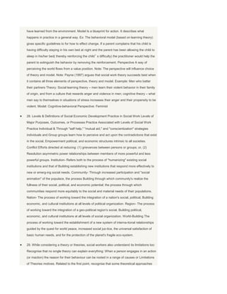have learned from the environment. Model Is a blueprint for action. It describes what
happens in practice in a general way. Ex: The behavioral model (based on learning theory)
gives specific guidelines to for how to effect change. If a parent complains that his child is
having difficulty staying in his own bed at night and the parent has been allowing the child to
sleep in his/her bed( thereby reinforcing the child‟ s difficulty) the practitioner would help the
parent to extinguish the behavior by removing the reinforcement. Perspective A way of
perceiving the world flows from a value position. Note: The perspective will influence choice
of theory and model. Note: Payne (1997) argues that social work theory succeeds best when
it contains all three elements of perspective, theory and model. Example: Men who batter
their partners Theory: Social learning theory – men learn their violent behavior in their family
of origin, and from a culture that rewards anger and violence in men; cognitive theory – what
men say to themselves in situations of stress increases their anger and their propensity to be
violent. Model: Cognitive-behavioral Perspective: Feminist


28. Levels & Definitions of Social Economic Development Practice in Social Work Levels of
Major Purposes, Outcomes, or Processes Practice Associated with Levels of Social Work
Practice Individual & Through "self help," "mutual aid," and "conscientization" strategies
individuals and Group groups learn how to perceive and act upon the contradictions that exist
in the social, Empowerment political, and economic structures intrinsic to all societies.
Conflict Efforts directed at reducing: (1) grievances between persons or groups; or, (2)
Resolution asymmetric power relationships between members of more powerful and less
powerful groups. Institution- Refers both to the process of "humanizing" existing social
institutions and that of Building establishing new institutions that respond more effectively to
new or emerg-ing social needs. Community- Through increased participation and "social
animation" of the populace, the process Building through which community's realize the
fullness of their social, political, and economic potential; the process through which
communities respond more equitably to the social and material needs of their populations.
Nation- The process of working toward the integration of a nation's social, political, Building
economic, and cultural institutions at all levels of political organization. Region- The process
of working toward the integration of a geo-political region's social, Building political,
economic, and cultural institutions at all levels of social organization. World-Building The
process of working toward the establishment of a new system of interna-tional relationships
guided by the quest for world peace, increased social jus-tice, the universal satisfaction of
basic human needs, and for the protection of the planet's fragile eco-system.


29. While considering a theory or theories, social workers also understand its limitations too:
Recognise that no single theory can explain everything: When a person engages in an action
(or inaction) the reason for their behaviour can be rooted in a range of causes or Limitations
of Theories motives. Related to the first point, recognise that some theoretical approaches
 