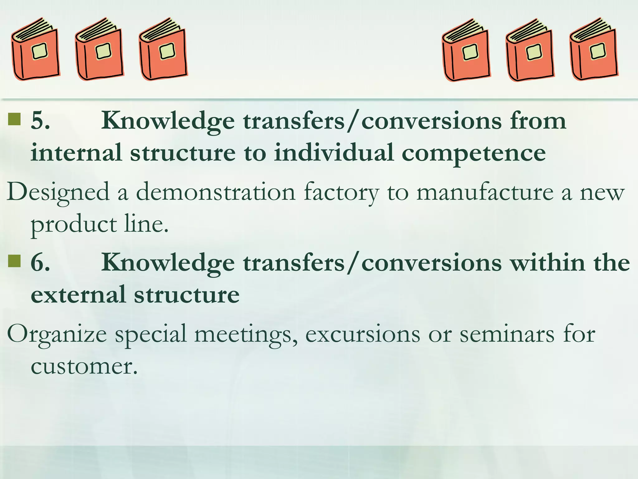  5. Knowledge transfers/conversions from
internal structure to individual competence
Designed a demonstration factory to manufacture a new
product line.
 6. Knowledge transfers/conversions within the
external structure
Organize special meetings, excursions or seminars for
customer.
 