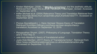 • Kirsten Malmkjær. (2008). Translation competence and the aesthetic attitude
Retrieved from .https://lra.le.ac.uk › bitstream › malmkjaer_revised. Accessed
on September 2019.
• Kliffer Michael et.al. (2004) Relevance Theory and Translation Retrieved from
https://journals.library.mun.ca/ojs/index.php/LA/article/view/771. Accessed on
September 2019.
• Poorya Zeynaldazeh.( ). Hans Vermeer Skopos theory of Translation
Retrieved fromhttps://dilmanj.com/hans-vermeer-skopos-theory-
translation/.Accessed on September 12, 2019.
• Ranganathan Shyam. (2007). Philosophy of Language, Translation Theory
and a Third Way in
• usta Holz-Manttari's theory of 'translatorial action'
• Justa Holz-Manttari. (2017) theory of 'Translatorial Action' .Retrieved from
https://www.certifiedtranslationservices.co.uk/translatorial-action.php.
Acccessed on September 11, 2019.
 