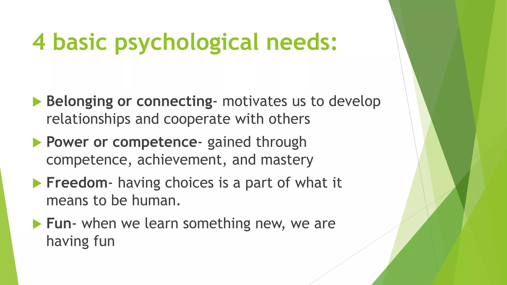 4 basic psychological needs: 
 Belonging or connecting- motivates us to develop 
relationships and cooperate with others 
 Power or competence- gained through 
competence, achievement, and mastery 
 Freedom- having choices is a part of what it 
means to be human. 
 Fun- when we learn something new, we are 
having fun 
 