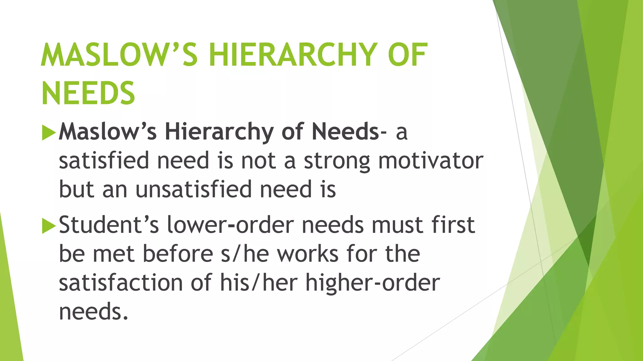 MASLOW’S HIERARCHY OF 
NEEDS 
Maslow’s Hierarchy of Needs- a 
satisfied need is not a strong motivator 
but an unsatisfied need is 
Student’s lower-order needs must first 
be met before s/he works for the 
satisfaction of his/her higher-order 
needs. 
 