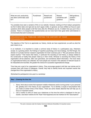 T H E C H A N G E M A N A G E M E N T T O O L B O O K – H O L G E R N A U H E I M E R
This work is licensed under the Creative Commons Attribution-ShareAlike 3.0 Unported License.
104
What are cost, productivity,
and other control data used
for?
Punishment Reward and
punishment
Reward,
sometimes self-
guidance
Self-guidance,
problem -
solving
You probably have seen a variation of this on our website. However, looking at it from today’s perspective
we find it rather static and rigid and we don’t apply it often. In general, we have shifted our focus to open
questions which allow people to tell their story (like AI). Whatever you do, it matters how you put it into a
process. There is no blueprint And questionnaires can do more harm than good when administered in
environments that aren’t conducive.
ORGANISATION AL TIMELINE: WRITING THE HISTORY OF YOUR
ORGANISATION
The objective of the Tool is to appreciate our history, trends we have experienced, as well as what the
past means to us.
In an institution, it is important to create a common body of history in a participatory way. Historians
accept, to a growing extent, the findings of cognitive psychology and neuro-biology. As Wolf Singer, the
director of a private German research organisation for brain sciences puts it: "We just perceive what we
expect anyhow." That means that history, in particular the recording of oral history, is always related to
the construction of reality that people make-up in their minds. Whoever is recording the history of the
organisation will be selective, often over generalize, and sometimes distort information. The more views
on organisational history are collected, the more people are involved in the selection of relevant issues to
be interpreted and recorded, the greater the chance for successful organisational change.
Time lines are a part of an organisation’s history. They encourage people to tell their own stories and to
compare them with those of colleagues. Overall, they help to identify trends and important events that
changed the of the organisation’s history.
Worksheet for participants to be used in a workshop:
Step 1: Drawing the time line
1. Alone, think about events that represent notable milestones and/or turning points in your personal
life, globally and in the history of your organisation. Try to identify a couple of assumptions that
you made at certain times of the history. There are some sheets attached that will help you to
focus on important events.
2. Use a marker to write (or draw) your milestones on the time line which is displayed on the pin-
boards. Use black markers for the "facts" that happened and red markers for the "assumptions".
 