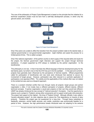 T H E C H A N G E M A N A G E M E N T T O O L B O O K – H O L G E R N A U H E I M E R
This work is licensed under the Creative Commons Attribution-ShareAlike 3.0 Unported License.
125
The core of the philosophy of Project Cycle Management is based on the principle that the initiative for a
technical cooperation project must be born from a self-help development process, in which only the
genuine actors, are involved.
Figure 18: Project Cycle Management
Only if the actors are unable to affect the transition from the present problem state to the desired state, a
national governmental or non-governmental organisation might interfere and assist the process for a
limited period of time. This is called a project.
Only if the national organisation of the partner country is short supply of the required skills and inputs for
the project, the German government might intervene and support the project through technical
assistance. A project supported by GTZ always is mediated by the partner organisation to the
beneficiaries.
This philosophy is not new. In fact it has been the official language of German development policy for the
last twenty years, but what’s new is that the GTZ has put it into the spotlight. . In the past and currently ,
projects have generally been influenced by the perceptions of German experts. Official programmes
called for participation of beneficiaries and new tools were introduced that seemed to secure the
involvement of target groups. However, participation was often reduced to a symbolic application of
participatory rural appraisal (PRA). The validity and the applicability of this method often was not related
to the context but was used as a blueprint approach.
There is a constant inherited conflict that runs through nearly all projects: target groups and partner
organisation s often, if not mostly have a different perception of projects, different desires, different
technical concepts. If partner organisation s would plan projects on their own they would look different.
UNDP has already introduced its new concept of "national execution" of projects. I had the opportunity to
observe such a project in Thailand, among other components sort to support small-scale milk production.
The project had support at the highest - the king of Thailand himself. Although officially it was called a
"poverty alleviation project", its main objective was to reduce the Thai dependency on imports of dairy
products. Therefore the project was not questioned for a long time. Through heavy subsidizes to
feedstuffs, extension, animal health services, and credits, production was economically feasible for a
period of time. However, the high performance breeds introduced were not adapting to the extreme
 