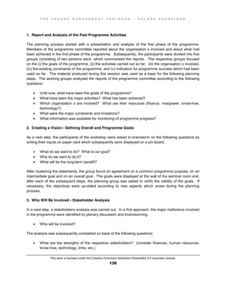 T H E C H A N G E M A N A G E M E N T T O O L B O O K – H O L G E R N A U H E I M E R
This work is licensed under the Creative Commons Attribution-ShareAlike 3.0 Unported License.
130
1. Report and Analysis of the Past Programme Activities
The planning process started with a presentation and analysis of the first phase of the programme.
Members of the programme committee reported about the organisation s involved and about what had
been achieved in the first phase of the programme. Subsequently, the participants were divided into five
groups consisting of two persons each, which summarised the reports. The respective groups focused
on the (i) the goals of the programme, (ii) the activities carried out so far. (iii) the organisation s involved,
(iv) the existing constraints of the programme, and (v) indicators for programme success which had been
used so far. The material produced during this session was used as a base for the following planning
steps. The working groups analysed the reports of the programme committee according to the following
questions:
 Until now, what have been the goals of the programme?
 What have been the major activities? What has been achieved?
 Which organisation s are involved? What are their resources (finance, manpower, know-how,
technology?)
 What were the major constraints and limitations?
 What information was available for monitoring of programme progress?
2. Creating a Vision - Defining Overall and Programme Goals
As a next step, the participants of the workshop were asked to brainstorm on the following questions by
writing their inputs on paper card which subsequently were displayed on a pin-board.
 What do we want to do? What is our goal?
 Why do we want to do it?
 What will be the long-term benefit?
After clustering the statements, the group found an agreement on a common programme purpose, on an
intermediate goal and on an overall goal. The goals were displayed at the wall of the seminar room and,
after each of the subsequent steps, the planning group was asked to verify the validity of the goals. If
necessary, the objectives were up-dated according to new aspects which arose during the planning
process.
3. Who Will Be Involved - Stakeholder Analysis
In a next step, a stakeholders analysis was carried out. In a first approach, the major institutions involved
in the programme were identified by plenary discussion and brainstorming.
 Who will be involved?
The analysis was subsequently completed on base of the following questions:
 What are the strengths of the respective stakeholders? (consider finances, human resources,
know-how, technology, links, etc.)
 