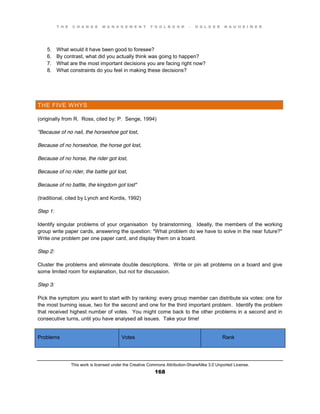 T H E C H A N G E M A N A G E M E N T T O O L B O O K – H O L G E R N A U H E I M E R
This work is licensed under the Creative Commons Attribution-ShareAlike 3.0 Unported License.
168
5. What would it have been good to foresee?
6. By contrast, what did you actually think was going to happen?
7. What are the most important decisions you are facing right now?
8. What constraints do you feel in making these decisions?
THE FIVE WHYS
(originally from R. Ross, cited by: P. Senge, 1994)
"Because of no nail, the horseshoe got lost,
Because of no horseshoe, the horse got lost,
Because of no horse, the rider got lost,
Because of no rider, the battle got lost,
Because of no battle, the kingdom got lost"
(traditional, cited by Lynch and Kordis, 1992)
Step 1:
Identify singular problems of your organisation by brainstorming. Ideally, the members of the working
group write paper cards, answering the question: "What problem do we have to solve in the near future?"
Write one problem per one paper card, and display them on a board.
Step 2:
Cluster the problems and eliminate double descriptions. Write or pin all problems on a board and give
some limited room for explanation, but not for discussion.
Step 3:
Pick the symptom you want to start with by ranking: every group member can distribute six votes: one for
the most burning issue, two for the second and one for the third important problem. Identify the problem
that received highest number of votes. You might come back to the other problems in a second and in
consecutive turns, until you have analysed all issues. Take your time!
Problems Votes Rank
 