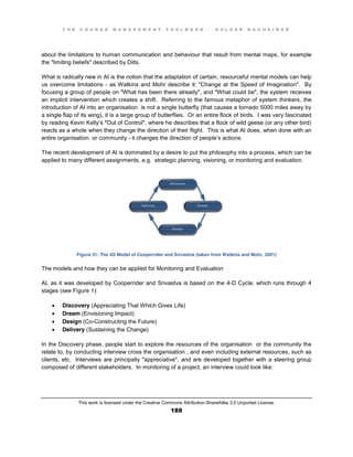 T H E C H A N G E M A N A G E M E N T T O O L B O O K – H O L G E R N A U H E I M E R
This work is licensed under the Creative Commons Attribution-ShareAlike 3.0 Unported License.
188
about the limitations to human communication and behaviour that result from mental maps, for example
the "limiting beliefs" described by Dilts.
What is radically new in AI is the notion that the adaptation of certain, resourceful mental models can help
us overcome limitations - as Watkins and Mohr describe it: "Change at the Speed of Imagination". By
focusing a group of people on "What has been there already", and "What could be", the system receives
an implicit intervention which creates a shift. Referring to the famous metaphor of system thinkers, the
introduction of AI into an organisation is not a single butterfly (that causes a tornado 5000 miles away by
a single flap of its wing), it is a large group of butterflies. Or an entire flock of birds. I was very fascinated
by reading Kevin Kelly’s "Out of Control", where he describes that a flock of wild geese (or any other bird)
reacts as a whole when they change the direction of their flight. This is what AI does, when done with an
entire organisation or community - it changes the direction of people’s actions.
The recent development of AI is dominated by a desire to put the philosophy into a process, which can be
applied to many different assignments, e.g. strategic planning, visioning, or monitoring and evaluation.
Figure 31: The 4D Model of Cooperrider and Srivastva (taken from Watkins and Mohr, 2001)
The models and how they can be applied for Monitoring and Evaluation
AI, as it was developed by Cooperrider and Srivastva is based on the 4-D Cycle, which runs through 4
stages (see Figure 1):
 Discovery (Appreciating That Which Gives Life)
 Dream (Envisioning Impact)
 Design (Co-Constructing the Future)
 Delivery (Sustaining the Change)
In the Discovery phase, people start to explore the resources of the organisation or the community the
relate to, by conducting interview cross the organisation , and even including external resources, such as
clients, etc. Interviews are principally "appreciative", and are developed together with a steering group
composed of different stakeholders. In monitoring of a project, an interview could look like:
 