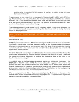 T H E C H A N G E M A N A G E M E N T T O O L B O O K – H O L G E R N A U H E I M E R
This work is licensed under the Creative Commons Attribution-ShareAlike 3.0 Unported License.
19
goal (or during the operation)? Which resources do you have to mobilize to deal with these
barriers and limitations?"
This process can be even more refined by relating each of the questions 2-7 to SELF and to OTHERS,
e.g. "What would you see, hear, smell, taste, feel when you reached your goal? What is a concrete
example?" (SELF) and "What would others see, hear, smell, taste, feel when you reached your goal?
What is a concrete example for others?" (OTHERS). The questions can also be rephrased for a team
exercise or the analysis of an organisational strategy.
Your task as a consultant in carrying out a T.O.T.E. interview is to adapt the idea to the language of the
client and to take an outside perspective, particularly when the client is unable to develop alternative
options for changing behaviour.
TOOL: THE WALT DISNEY CIRCLE - REFINING PERSONAL AND CORPORATE
GOALS
(Adapted from: R. Dilts)
Walt Disney has been known as one of the most outstanding and most successful business leaders of the
20th century. Like Bill Gates, the founder of Microsoft, he has not only influenced our way of processing
information he has also changed the way we perceive reality. The secret of his nearly unlimited creativity
- unconscious to him - has been moulded into a model that can be applied to any personal and
organisational planning operation.
The Circle of Creativity was developed by R. Dilts based on the successful strategies of Walt Disney. The
approach was developed through individual interviews with friends and colleagues of Disney. It is a model
for effective and creative development of personal and professional plans. It also helps in the
transformation of an idea to a plan.
The model is based on the idea that we can separate any planning process into three stages - the
DREAMER, the REALIST and the CRITIC. The dreamer is the part in any person or the person in any
planning team that is able to creatively develop new ideas, whether they are realistic or not. Without the
dreamer, there would be no innovation. The realist is the actual planner, or the technocrat. He knows all
procedures and is able to make a detailed plan out of a dream. The critic looks for what could go wrong
with the plan and cares about risks. He provides input for new dreams.
What we usually do is to mix all three stages once we start planning. That means, we often prevent the
creativity of the dreamer to develop by immediately engaging the critic. Or, we never come to grips with
the risks of the project by staying in the dreamer phase.
 