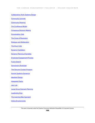 T H E C H A N G E M A N A G E M E N T T O O L B O O K – H O L G E R N A U H E I M E R
This work is licensed under the Creative Commons Attribution-ShareAlike 3.0 Unported License.
196
Collaborative Work Systems Design
Community Summits
Community Weaving
The Conference Model
Consensus Decision Making
Conversation Cafe
The Cycle of Resolution
Dialogue and Deliberation
The Drum Cafe
Dynamic Facilitation
Dynamic Planning Charrettes
Employee Engagement Process
Future Search
Gemeinsinn-Werkstatt
The Genuine Contact Program
Human Systems Dynamics
Idealized Design
Integrated Clarity
Jazz Lab
Large Group Scenario Planning
Leadership Dojo
The Learning Map Approach
Online Environments
 