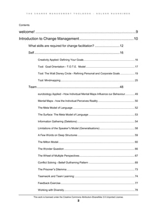 T H E C H A N G E M A N A G E M E N T T O O L B O O K – H O L G E R N A U H E I M E R
This work is licensed under the Creative Commons Attribution-ShareAlike 3.0 Unported License.
2
Contents
welcome! ................................................................................................9
Introduction to Change Management....................................................10
What skills are required for change facilitation? ............................12
Self ................................................................................................16
Creativity Applied: Defining Your Goals......................................................................16
Tool: Goal Orientation - T.O.T.E. Model ...................................................................17
Tool: The Walt Disney Circle - Refining Personal and Corporate Goals....................19
Tool: Mindmapping......................................................................................................25
Team .............................................................................................48
eurobiology Applied - How Individual Mental Maps Influence our Behaviour.............49
Mental Maps - how the Individual Perceives Reality ..................................................50
The Meta Model of Language .....................................................................................52
The Surface: The Meta Model of Language ...............................................................53
Information Gathering (Deletions)...............................................................................54
Limitations of the Speaker”s  Model  (Generalisations)................................................58
A Few Words on Deep Structures ..............................................................................59
The Milton Model.........................................................................................................60
The Wonder Question.................................................................................................66
The Wheel of Multiple Perspectives............................................................................67
Conflict Solving - Belief Outframing Pattern ...............................................................69
The  Prisoner”s  Dilemma .............................................................................................73
Teamwork and Team Learning: ..................................................................................74
Feedback Exercise......................................................................................................77
Working with Diversity.................................................................................................78
 
