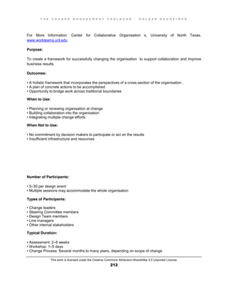 T H E C H A N G E M A N A G E M E N T T O O L B O O K – H O L G E R N A U H E I M E R
This work is licensed under the Creative Commons Attribution-ShareAlike 3.0 Unported License.
212
For More Information: Center for Collaborative Organisation s, University of North Texas,
www.workteams.unt.edu
Purpose:
To create a framework for successfully changing the organisation to support collaboration and improve
business results.
Outcomes:
•  A  holistic  framework  that  incorporates  the  perspectives  of  a  cross-section of the organisation .
•  A  plan  of  concrete  actions  to  be  accomplished  
•  Opportunity  to  bridge  work  across  traditional  boundaries
When to Use:
•  Planning  or  renewing  organisation al change
•  Building  collaboration  into  the  organisation
•  Integrating  multiple  change  efforts
When Not to Use:
•  No  commitment  by  decision  makers  to  participate  or  act  on  the  results  
•  Insufficient  infrastructure and resources
Number of Participants:
•  5–30 per design event
•  Multiple  sessions  may  accommodate  the  whole  organisation
Types of Participants:
•  Change  leaders  
•  Steering  Committee  members  
•  Design  Team  members  
•  Line  managers  
• Other internal stakeholders
Typical Duration:
•  Assessment:  2–6 weeks
•  Workshop:  1–5 days
•  Change  Process:  Several  months  to  many  years, depending on scope of change
 