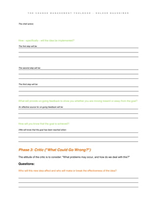 T H E C H A N G E M A N A G E M E N T T O O L B O O K – H O L G E R N A U H E I M E R
This work is licensed under the Creative Commons Attribution-ShareAlike 3.0 Unported License.
22
____________________________________________________________________________________
____________________________________________________________________________________
____________________________________________________________________________________
____________________________________________________________________________________
____________________________________________________________________________________
____________________________________________________________________________________
____________________________________________________________________________________
____________________________________________________________________________________
____________________________________________________________________________________
____________________________________________________________________________________
____________________________________________________________________________________
____________________________________________________________________________________
____________________________________________________________________________________
____________________________________________________________________________________
____________________________________________________________________________________
____________________________________________________________________________________
____________________________________________________________________________________
____________________________________________________________________________________
The chief actors:
How - specifically - will the idea be implemented?
The first step will be:
The second step will be:
The third step will be:
What will provide on-going feedback to show you whether you are moving toward or away from the goal?
An effective source for on-going feedback will be:
How will you know that the goal is achieved?
I/We will know that the goal has been reached when:
Phase 3: Critic ("What Could Go Wrong?")
The attitude of the critic is to consider: "What problems may occur, and how do we deal with this?"
Questions:
Who will this new idea affect and who will make or break the effectiveness of the idea?
 