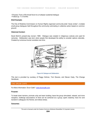 T H E C H A N G E M A N A G E M E N T T O O L B O O K – H O L G E R N A U H E I M E R
This work is licensed under the Creative Commons Attribution-ShareAlike 3.0 Unported License.
224
•  Process:  From  a  90-minute forum to a multiyear sustained dialogue
•  Follow-up: 1–3 months
Brief Example:
The City of Waterloo Commission on Human Rights organized community-wide  “study  circles”—multiple
small group dialogues held throughout the community culminating in collective action based on common
ground.
Historical Context:
David Bohm's present-day revival—1985. Dialogue was created in indigenous cultures and used for
centuries. Deliberation was born when people first developed the ability to consider options rationally.
Created by numerous human societies over time.
Figure 46: Dialogue and Deliberation
This text is provided by courtesy of Peggy Holman, Tom Devane, and Steven Cady, The Change
Handbook.
THE DRUM CAFE
For More Information: Drum Cafe? www.drumcafe.com
Purpose:
To break down barriers; promote unity and team building; leave the group stimulated, relaxed, and more
receptive; challenge assumptions of what can be achieved as a group; spark creativity; have fun and
transform colleagues into friends; and relieve stress.
Outcomes:
 