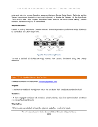 T H E C H A N G E M A N A G E M E N T T O O L B O O K – H O L G E R N A U H E I M E R
This work is licensed under the Creative Commons Attribution-ShareAlike 3.0 Unported License.
229
A dynamic planning process forged an agreement between Contra Costa County, California, and the
Walden Improvement Association (neighbourhood group) to develop the Pleasant Hill Bay Area Rapid
Transit station area. After 25 years and several failed attempts, the transformative six-day Charrette
created a plan with the input of all stakeholders.
Historical Context:
Created in 2001 by the National Charrette Institute. Historically rooted in collaborative design workshops
by architectural and urban design firms.
Figure 49 : Dynamic Planning Charettes
This text is provided by courtesy of Peggy Holman, Tom Devane, and Steven Cady, The Change
Handbook.
EMPLOYEE ENGAGEMENT PROCESS
For More Information: InSyte Partners, www.insytepartners.com
Purpose:
To  transform  a  “traditional”  management  culture  into  one  that  is  more  collaborative  and  team  driven.
Outcomes:
•   A   more   engaged   workplace   with   increased   cross-functional, cross-level communication and broad
ownership of culture and results
When to Use:
•  When  morale  or  productivity  is  low  or  the  culture  is  ready  for  a  new  level  of  results  
 