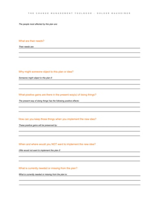 T H E C H A N G E M A N A G E M E N T T O O L B O O K – H O L G E R N A U H E I M E R
This work is licensed under the Creative Commons Attribution-ShareAlike 3.0 Unported License.
23
____________________________________________________________________________________
____________________________________________________________________________________
____________________________________________________________________________________
____________________________________________________________________________________
____________________________________________________________________________________
____________________________________________________________________________________
____________________________________________________________________________________
____________________________________________________________________________________
____________________________________________________________________________________
____________________________________________________________________________________
____________________________________________________________________________________
____________________________________________________________________________________
____________________________________________________________________________________
____________________________________________________________________________________
____________________________________________________________________________________
____________________________________________________________________________________
____________________________________________________________________________________
____________________________________________________________________________________
The people most affected by this plan are:
What are their needs?
Their needs are:
Why might someone object to this plan or idea?
Someone might object to this plan if:
What positive gains are there in the present way(s) of doing things?
The present way of doing things has the following positive effects:
How can you keep those things when you implement the new idea?
These positive gains will be preserved by:
When and where would you NOT want to implement the new idea?
I/We would not want to implement this plan if:
What is currently needed or missing from the plan?
What is currently needed or missing from the plan is:
 