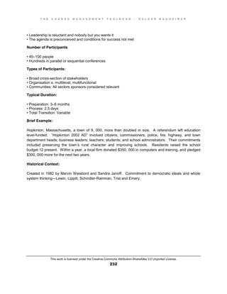 T H E C H A N G E M A N A G E M E N T T O O L B O O K – H O L G E R N A U H E I M E R
This work is licensed under the Creative Commons Attribution-ShareAlike 3.0 Unported License.
232
•  Leadership  is  reluctant  and  nobody  but  you  wants  it  
•  The  agenda  is  preconceived  and  conditions  for  success  not  met
Number of Participants:
•  40–100 people
•  Hundreds  in  parallel  or  sequential  conferences
Types of Participants:
•  Broad  cross-section of stakeholders
•  Organisation s: multilevel, multifunctional
•  Communities:  All  sectors  sponsors  considered  relevant
Typical Duration:
•  Preparation:  3–6 months
•  Process:  2.5  days  
•  Total  Transition:  Variable
Brief Example:
Hopkinton, Massachusetts, a town of 9, 000, more than doubled in size. A referendum left education
level-funded. “Hopkinton   2002   AD”   involved   citizens;;   commissioners;;   police, fire, highway, and town
department heads; business leaders; teachers; students; and school administrators. Their commitments
included preserving the town’s rural character and improving schools. Residents raised the school
budget 12 present. Within a year, a local firm donated $350, 000 in computers and training, and pledged
$300, 000 more for the next two years.
Historical Context:
Created in 1982 by Marvin Weisbord and Sandra Janoff. Commitment to democratic ideals and whole
system thinking—Lewin, Lippitt, Schindler-Rainman, Trist and Emery.
 