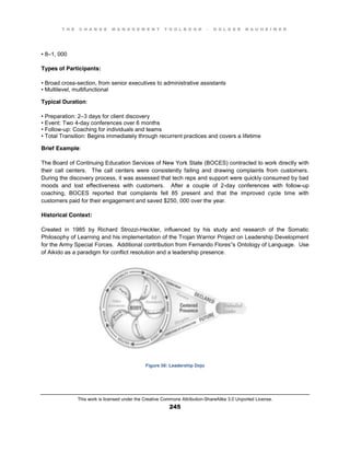 T H E C H A N G E M A N A G E M E N T T O O L B O O K – H O L G E R N A U H E I M E R
This work is licensed under the Creative Commons Attribution-ShareAlike 3.0 Unported License.
245
•  8–1, 000
Types of Participants:
•  Broad  cross-section, from senior executives to administrative assistants
•  Multilevel, multifunctional
Typical Duration:
•  Preparation:  2–3 days for client discovery
•  Event:  Two  4-day conferences over 6 months
•  Follow-up: Coaching for individuals and teams
•  Total  Transition:  Begins  immediately  through  recurrent  practices  and  covers  a  lifetime
Brief Example:
The Board of Continuing Education Services of New York State (BOCES) contracted to work directly with
their call centers. The call centers were consistently failing and drawing complaints from customers.
During the discovery process, it was assessed that tech reps and support were quickly consumed by bad
moods and lost effectiveness with customers. After a couple of 2-day conferences with follow-up
coaching, BOCES reported that complaints fell 85 present and that the improved cycle time with
customers paid for their engagement and saved $250, 000 over the year.
Historical Context:
Created in 1985 by Richard Strozzi-Heckler, influenced by his study and research of the Somatic
Philosophy of Learning and his implementation of the Trojan Warrior Project on Leadership Development
for the Army Special Forces. Additional contribution from Fernando Flores”s Ontology of Language. Use
of Aikido as a paradigm for conflict resolution and a leadership presence.
Figure 58: Leadership Dojo
 