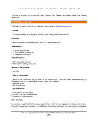 T H E C H A N G E M A N A G E M E N T T O O L B O O K – H O L G E R N A U H E I M E R
This work is licensed under the Creative Commons Attribution-ShareAlike 3.0 Unported License.
259
This text is provided by courtesy of Peggy Holman, Tom Devane, and Steven Cady, The Change
Handbook.
PLAYBACK THEATRE
For More Information: International Playback Theatre Network, www.playbacknet.org
Purpose:
To promote dialogue, build empathy, surface critical issues, and mark transitions.
Outcomes:
•  Makes  corporate  culture  visible;;  gives  voice  to  all  levels  of  hierarchy
When to Use:
•  To  give  a  group  a  voice  
•  To  build  a  sense  of  community  
•  To  foster  open  discussion
When Not to Use:
•  When  mistrust  is too high
•  When  alcohol  is  being  consumed
Number of Participants:
•  10–150+
Types of Participants:
•   Multifunction   employees   at   all   levels   in   an   organisation , grouped either heterogeneously or
homogeneously. Could also include external clients and customers
•  Audience  format  
•  Workshop  format
Typical Duration:
•  Consultations:  0.5day–2 days
•  Process:  1- to 2-hour performance
•  Follow-up: 0.5 day minimum
Brief Example:
Line workers, support staff, and managers gather for a kickoff to visioning as part of strategic planning. A
Playback Theatre team dramatizes in vivid fashion their stories of success and meaning in the workplace,
 