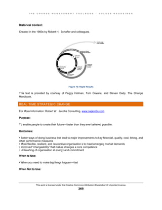 T H E C H A N G E M A N A G E M E N T T O O L B O O K – H O L G E R N A U H E I M E R
This work is licensed under the Creative Commons Attribution-ShareAlike 3.0 Unported License.
265
Historical Context:
Created in the 1960s by Robert H. Schaffer and colleagues.
Figure 70: Rapid Results
This text is provided by courtesy of Peggy Holman, Tom Devane, and Steven Cady, The Change
Handbook.
REAL TIME STRATEGIC CHANGE
For More Information: Robert W. Jacobs Consulting, www.rwjacobs.com
Purpose:
To enable people to create their future—faster than they ever believed possible.
Outcomes:
•  Better  ways  of  doing  business  that  lead  to  major  improvements  to  key  financial, quality, cost, timing, and
other performance measures
•  More  flexible, resilient, and responsive organisation s to meet emerging market demands
•  Improved  “changeability”  that  makes  changes a core competence
•  Unleashing  of  organisation al energy and commitment
When to Use:
•  When  you  need  to  make  big  things  happen—fast
When Not to Use:
 