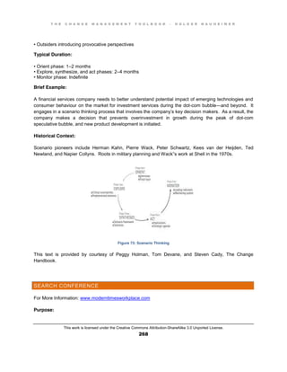 T H E C H A N G E M A N A G E M E N T T O O L B O O K – H O L G E R N A U H E I M E R
This work is licensed under the Creative Commons Attribution-ShareAlike 3.0 Unported License.
268
•  Outsiders  introducing  provocative  perspectives
Typical Duration:
•  Orient  phase:  1–2 months
•  Explore, synthesize, and act phases: 2–4 months
•  Monitor  phase:  Indefinite
Brief Example:
A financial services company needs to better understand potential impact of emerging technologies and
consumer behaviour on the market for investment services during the dot-com bubble—and beyond. It
engages in a scenario thinking process that involves the company’s key decision makers. As a result, the
company makes a decision that prevents overinvestment in growth during the peak of dot-com
speculative bubble, and new product development is initiated.
Historical Context:
Scenario pioneers include Herman Kahn, Pierre Wack, Peter Schwartz, Kees van der Heijden, Ted
Newland, and Napier Collyns. Roots in military planning and Wack”s work at Shell in the 1970s.
Figure 73: Scenario Thinking
This text is provided by courtesy of Peggy Holman, Tom Devane, and Steven Cady, The Change
Handbook.
SEARCH CONFERENCE
For More Information: www.moderntimesworkplace.com
Purpose:
 