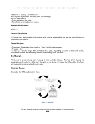 T H E C H A N G E M A N A G E M E N T T O O L B O O K – H O L G E R N A U H E I M E R
This work is licensed under the Creative Commons Attribution-ShareAlike 3.0 Unported License.
271
•  To  focus  on  creating  a  common  vision  
•  To  align  the  organisation around a given vision/strategy
•  To  do  team  building  
•  The  organisation is in crisis
•  To  redesign  an  entire  business  process
Number of Participants:
•  35–125
Types of Participants:
•   Flexible—can accommodate both internal and external stakeholders, as well as same-function or
multifunction participants.
Typical Duration:
•  Preparation:  1-day design team meeting, 2 days in additional preparation
•  Process:  1  day  
•   Follow-up: Typically ranges from immediate to a year, depending on initial contract with clients,
SimuReal outcomes, and leadership needs in implementing those outcomes.
Brief Example:
“Test   drive”   of   a   restructuring   plan, involving all who would be affected. The   “test   drive”   showed   the  
design gaps and resulted in a 50 present change in overall design in the days that followed the SimuReal,
with support for implementation 3 months later.
Historical Context:
Created in the 1970s by Donald C. Klein.
Figure 74: SimuReal
 