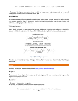 T H E C H A N G E M A N A G E M E N T T O O L B O O K – H O L G E R N A U H E I M E R
This work is licensed under the Creative Commons Attribution-ShareAlike 3.0 Unported License.
273
•   Follow-up: Weekly management reviews; monthly for improvement projects, quarterly for the overall
deployment, and annually to plan for the coming year
Brief Example:
A major pharmaceutical manufacturer that anticipated being unable to meet demand for a blockbuster
new product used Six Sigma’s sequenced problem-solving methodology to improve the process and
address underlying organisation al issues.
Historical Context:
Early 1980s, stimulated by Japanese companies” use of statistical methods in manufacturing. Mid-1980s,
created by Motorola and named Six Sigma. Mid-1990s, extended by G.E. to include all processes.
Figure75: The Six Sigma Approach
This text is provided by courtesy of Peggy Holman, Tom Devane, and Steven Cady, The Change
Handbook.
SOAR
For More Information: Dynamic Relationships, www.dynamic-relationships.com
Purpose:
To accelerate the strategic planning process by allowing creativity and innovation while inspiring the
organisation’s people to SOAR.
Outcomes:
•  Develops  a  whole  system  perspective  
•  Uncovers  the  strengths  and  opportunities  of  the  organisation
 