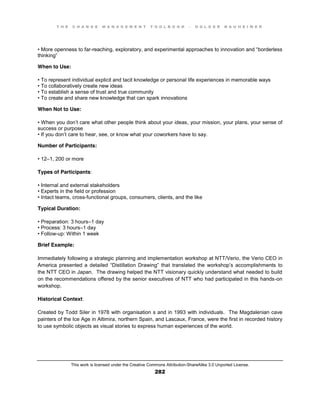 T H E C H A N G E M A N A G E M E N T T O O L B O O K – H O L G E R N A U H E I M E R
This work is licensed under the Creative Commons Attribution-ShareAlike 3.0 Unported License.
282
•  More  openness  to  far-reaching, exploratory, and experimental approaches to innovation  and  “borderless  
thinking”
When to Use:
•  To  represent  individual  explicit  and  tacit  knowledge  or  personal  life  experiences  in  memorable  ways  
•  To  collaboratively  create  new  ideas  
•  To  establish  a  sense  of  trust  and  true  community  
•  To  create  and share new knowledge that can spark innovations
When Not to Use:
•  When  you  don’t care what other people think about your ideas, your mission, your plans, your sense of
success or purpose
•  If  you  don’t care to hear, see, or know what your coworkers have to say.
Number of Participants:
•  12–1, 200 or more
Types of Participants:
•  Internal  and  external  stakeholders  
•  Experts  in  the  field  or  profession  
•  Intact  teams, cross-functional groups, consumers, clients, and the like
Typical Duration:
•  Preparation:  3  hours–1 day
•  Process:  3  hours–1 day
•  Follow-up: Within 1 week
Brief Example:
Immediately following a strategic planning and implementation workshop at NTT/Verio, the Verio CEO in
America   presented   a   detailed   “Distillation   Drawing”   that translated the workshop’s accomplishments to
the NTT CEO in Japan. The drawing helped the NTT visionary quickly understand what needed to build
on the recommendations offered by the senior executives of NTT who had participated in this hands-on
workshop.
Historical Context:
Created by Todd Siler in 1978 with organisation s and in 1993 with individuals. The Magdalenian cave
painters of the Ice Age in Altimira, northern Spain, and Lascaux, France, were the first in recorded history
to use symbolic objects as visual stories to express human experiences of the world.
 