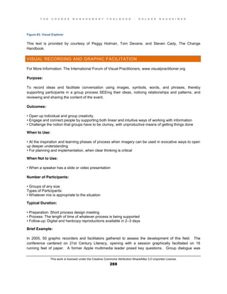 T H E C H A N G E M A N A G E M E N T T O O L B O O K – H O L G E R N A U H E I M E R
This work is licensed under the Creative Commons Attribution-ShareAlike 3.0 Unported License.
288
Figure 83: Visual Explorer
This text is provided by courtesy of Peggy Holman, Tom Devane, and Steven Cady, The Change
Handbook.
VISUAL RECORDING AND GRAPHIC FACILITATION
For More Information: The International Forum of Visual Practitioners, www.visualpractitioner.org
Purpose:
To record ideas and facilitate conversation using images, symbols, words, and phrases, thereby
supporting participants in a group process SEEing their ideas, noticing relationships and patterns, and
reviewing and sharing the content of the event.
Outcomes:
•  Open  up  individual  and  group  creativity.
•  Engage  and  connect  people  by  supporting  both  linear  and  intuitive  ways  of  working  with  information  
•  Challenge  the  notion  that  groups  have  to  be  clumsy, with unproductive means of getting things done
When to Use:
•  At  the  inspiration  and  learning  phases  of  process  when  imagery  can  be  used  in  evocative  ways  to  open  
up deeper understanding
•  For  planning  and  implementation, when clear thinking is critical
When Not to Use:
•  When  a  speaker  has  a  slide  or  video  presentation
Number of Participants:
•  Groups  of  any  size
Types of Participants:
•  Whatever  mix  is  appropriate  to  the  situation
Typical Duration:
•  Preparation:  Short  process  design  meeting  
•  Process: The length of time of whatever process is being supported
•  Follow-up: Digital and hardcopy reproductions available in 2–3 days
Brief Example:
In 2005, 50 graphic recorders and facilitators gathered to assess the development of this field. The
conference cantered on 21st Century Literacy, opening with a session graphically facilitated on 16
running feet of paper. A former Apple multimedia leader posed key questions. Group dialogue was
 