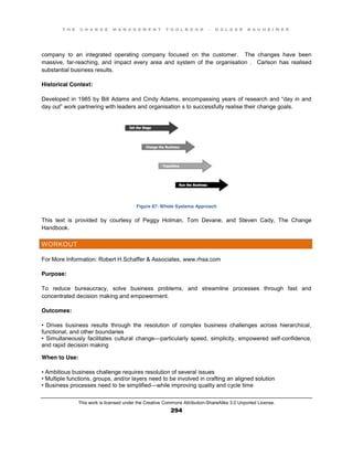 T H E C H A N G E M A N A G E M E N T T O O L B O O K – H O L G E R N A U H E I M E R
This work is licensed under the Creative Commons Attribution-ShareAlike 3.0 Unported License.
294
company to an integrated operating company focused on the customer. The changes have been
massive, far-reaching, and impact every area and system of the organisation . Carlson has realised
substantial business results.
Historical Context:
Developed in 1985 by Bill Adams and Cindy Adams, encompassing  years  of  research  and  “day  in  and  
day  out”  work  partnering  with  leaders  and  organisation s to successfully realise their change goals.
Figure 87: Whole Systems Approach
This text is provided by courtesy of Peggy Holman, Tom Devane, and Steven Cady, The Change
Handbook.
WORKOUT
For More Information: Robert H.Schaffer & Associates, www.rhsa.com
Purpose:
To reduce bureaucracy, solve business problems, and streamline processes through fast and
concentrated decision making and empowerment.
Outcomes:
•   Drives   business   results   through   the   resolution   of   complex   business   challenges   across   hierarchical,
functional, and other boundaries
•   Simultaneously   facilitates   cultural   change—particularly speed, simplicity, empowered self-confidence,
and rapid decision making
When to Use:
•  Ambitious  business  challenge  requires  resolution  of  several  issues  
•  Multiple  functions, groups, and/or layers need to be involved in crafting an aligned solution
•  Business  processes need to be simplified—while improving quality and cycle time
 