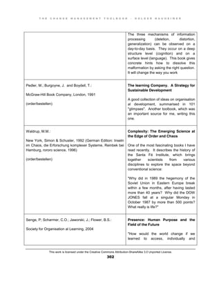T H E C H A N G E M A N A G E M E N T T O O L B O O K – H O L G E R N A U H E I M E R
This work is licensed under the Creative Commons Attribution-ShareAlike 3.0 Unported License.
302
The three mechanisms of information
processing (deletion, distortion,
generalization) can be observed on a
day-to-day basis. They occur on a deep
structure level (cognition) and on a
surface level (language). This book gives
concrete hints how to dissolve this
malformation by asking the right question.
It will change the way you work
Pedler, M.; Burgoyne, J. and Boydell, T.:
McGraw-Hill Book Company, London, 1991
(order/bestellen)
The learning Company. A Strategy for
Sustainable Development
A good collection of ideas on organisation
al development, summarised in 101
"glimpses". Another toolbook, which was
an important source for me, writing this
one.
Waldrup, M.M.:
New York, Simon & Schuster, 1992 (German Edition: Inseln
im Chaos, die Erforschung komplexer Systeme, Reinbek bei
Hamburg, rororo science, 1996)
(order/bestellen)
Complexity: The Emerging Science at
the Edge of Order and Chaos
One of the most fascinating books I have
read recently. It describes the history of
the Santa Fé Institute, which brings
together scientists from various
disciplines to explore the space beyond
conventional science:
"Why did in 1989 the hegemony of the
Soviet Union in Eastern Europe break
within a few months, after having lasted
more than 40 years? Why did the DOW
JONES fall at a singular Monday in
October 1987 by more than 500 points?
What really is life?"
Senge, P; Scharmer, C.O.; Jaworski, J.; Flower, B.S.:
Society for Organisation al Learning, 2004
Presence: Human Purpose and the
Field of the Future
"How would the world change if we
learned to access, individually and
 