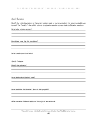 T H E C H A N G E M A N A G E M E N T T O O L B O O K – H O L G E R N A U H E I M E R
This work is licensed under the Creative Commons Attribution-ShareAlike 3.0 Unported License.
40
____________________________________________________________________________________
____________________________________________________________________________________
____________________________________________________________________________________
____________________________________________________________________________________
____________________________________________________________________________________
____________________________________________________________________________________
____________________________________________________________________________________
____________________________________________________________________________________
____________________________________________________________________________________
____________________________________________________________________________________
____________________________________________________________________________________
____________________________________________________________________________________
____________________________________________________________________________________
____________________________________________________________________________________
____________________________________________________________________________________
Step 1: Symptom
Identify the evident symptoms of the current problem state of your organisation. It is recommended to use
the tool; The Five Why’s first, which helps to structure the solution process. Ask the following questions:
What is the existing problem?
How do we know that it is a problem?
Write the symptom on a board.
Step 2: Outcome
Identify the outcome?
What would be the desired state?
What would the outcome be if we cure our symptom?
Write the cause under the symptom, linking both with an arrow.
 