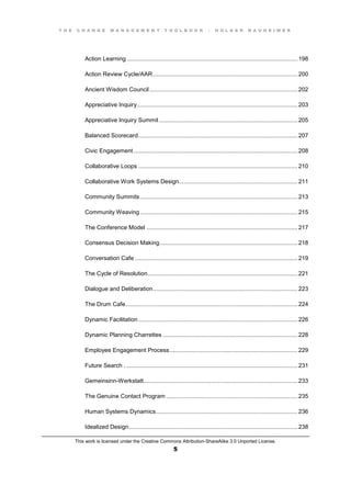 T H E C H A N G E M A N A G E M E N T T O O L B O O K – H O L G E R N A U H E I M E R
This work is licensed under the Creative Commons Attribution-ShareAlike 3.0 Unported License.
5
Action Learning .........................................................................................................198
Action Review Cycle/AAR.........................................................................................200
Ancient Wisdom Council ...........................................................................................202
Appreciative Inquiry...................................................................................................203
Appreciative Inquiry Summit .....................................................................................205
Balanced Scorecard..................................................................................................207
Civic Engagement.....................................................................................................208
Collaborative Loops ..................................................................................................210
Collaborative Work Systems Design.........................................................................211
Community Summits.................................................................................................213
Community Weaving.................................................................................................215
The Conference Model .............................................................................................217
Consensus Decision Making.....................................................................................218
Conversation Cafe ....................................................................................................219
The Cycle of Resolution............................................................................................221
Dialogue and Deliberation.........................................................................................223
The Drum Cafe..........................................................................................................224
Dynamic Facilitation..................................................................................................226
Dynamic Planning Charrettes ...................................................................................228
Employee Engagement Process...............................................................................229
Future Search ...........................................................................................................231
Gemeinsinn-Werkstatt...............................................................................................233
The Genuine Contact Program .................................................................................235
Human Systems Dynamics.......................................................................................236
Idealized Design........................................................................................................238
 