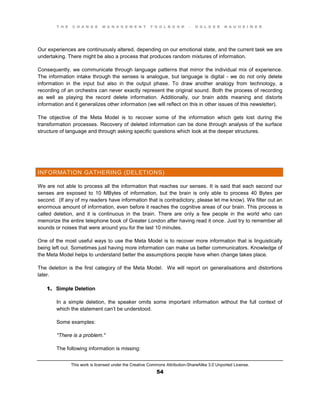 T H E C H A N G E M A N A G E M E N T T O O L B O O K – H O L G E R N A U H E I M E R
This work is licensed under the Creative Commons Attribution-ShareAlike 3.0 Unported License.
54
Our experiences are continuously altered, depending on our emotional state, and the current task we are
undertaking. There might be also a process that produces random mixtures of information.
Consequently, we communicate through language patterns that mirror the individual mix of experience.
The information intake through the senses is analogue, but language is digital - we do not only delete
information in the input but also in the output phase. To draw another analogy from technology, a
recording of an orchestra can never exactly represent the original sound. Both the process of recording
as well as playing the record delete information. Additionally, our brain adds meaning and distorts
information and it generalizes other information (we will reflect on this in other issues of this newsletter).
The objective of the Meta Model is to recover some of the information which gets lost during the
transformation processes. Recovery of deleted information can be done through analysis of the surface
structure of language and through asking specific questions which look at the deeper structures.
INFORMATION GATHERING (DELETIONS)
We are not able to process all the information that reaches our senses. It is said that each second our
senses are exposed to 10 MBytes of information, but the brain is only able to process 40 Bytes per
second. (If any of my readers have information that is contradictory, please let me know). We filter out an
enormous amount of information, even before it reaches the cognitive areas of our brain. This process is
called deletion, and it is continuous in the brain. There are only a few people in the world who can
memorize the entire telephone book of Greater London after having read it once. Just try to remember all
sounds or noises that were around you for the last 10 minutes.
One of the most useful ways to use the Meta Model is to recover more information that is linguistically
being left out. Sometimes just having more information can make us better communicators. Knowledge of
the Meta Model helps to understand better the assumptions people have when change takes place.
The deletion is the first category of the Meta Model. We will report on generalisations and distortions
later.
1. Simple Deletion
In a simple deletion, the speaker omits some important information without the full context of
which the statement can’t be understood.
Some examples:
"There is a problem."
The following information is missing:
 