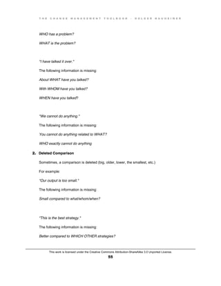 T H E C H A N G E M A N A G E M E N T T O O L B O O K – H O L G E R N A U H E I M E R
This work is licensed under the Creative Commons Attribution-ShareAlike 3.0 Unported License.
55
WHO has a problem?
WHAT is the problem?
"I have talked it over."
The following information is missing:
About WHAT have you talked?
With WHOM have you talked?
WHEN have you talked?
"We cannot do anything."
The following information is missing:
You cannot do anything related to WHAT?
WHO exactly cannot do anything
2. Deleted Comparison
Sometimes, a comparison is deleted (big, older, lower, the smallest, etc.)
For example:
"Our output is too small."
The following information is missing:
Small compared to what/whom/when?
"This is the best strategy."
The following information is missing:
Better compared to WHICH OTHER strategies?
 