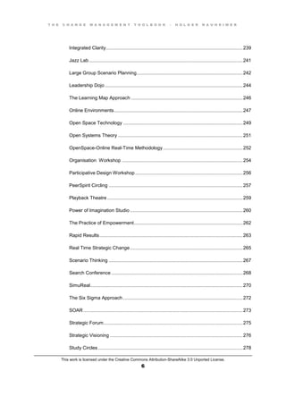 T H E C H A N G E M A N A G E M E N T T O O L B O O K – H O L G E R N A U H E I M E R
This work is licensed under the Creative Commons Attribution-ShareAlike 3.0 Unported License.
6
Integrated Clarity.......................................................................................................239
Jazz Lab....................................................................................................................241
Large Group Scenario Planning................................................................................242
Leadership Dojo........................................................................................................244
The Learning Map Approach ....................................................................................246
Online Environments.................................................................................................247
Open Space Technology ..........................................................................................249
Open Systems Theory ..............................................................................................251
OpenSpace-Online Real-Time Methodology............................................................252
Organisation Workshop ...........................................................................................254
Participative Design Workshop .................................................................................256
PeerSpirit Circling .....................................................................................................257
Playback Theatre ......................................................................................................259
Power of Imagination Studio .....................................................................................260
The Practice of Empowerment..................................................................................262
Rapid Results............................................................................................................263
Real Time Strategic Change.....................................................................................265
Scenario Thinking .....................................................................................................267
Search Conference ...................................................................................................268
SimuReal...................................................................................................................270
The Six Sigma Approach ..........................................................................................272
SOAR ........................................................................................................................273
Strategic Forum.........................................................................................................275
Strategic Visioning ....................................................................................................276
Study Circles .............................................................................................................278
 