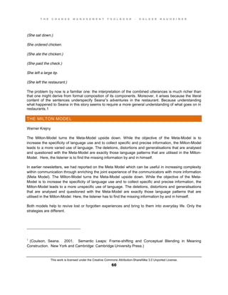 T H E C H A N G E M A N A G E M E N T T O O L B O O K – H O L G E R N A U H E I M E R
This work is licensed under the Creative Commons Attribution-ShareAlike 3.0 Unported License.
60
(She sat down.)
She ordered chicken.
(She ate the chicken.)
(She paid the check.)
She left a large tip.
(She left the restaurant.)
The problem by now is a familiar one: the interpretation of the combined utterances is much richer than
that one might derive from formal composition of its components. Moreover, it arises because the literal
content of the sentences underspecify Seana”s adventures in the restaurant. Because understanding
what happened to Seana in this story seems to require a more general understanding of what goes on in
restaurants.1
THE MILTON MODEL
Werner Krejny
The Milton-Model turns the Meta-Model upside down. While the objective of the Meta-Model is to
increase the specificity of language use and to collect specific and precise information, the Milton-Model
leads to a more varied use of language. The deletions, distortions and generalisations that are analysed
and questioned with the Meta-Model are exactly those language patterns that are utilised in the Milton-
Model. Here, the listener is to find the missing information by and in himself.
In earlier newsletters, we had reported on the Meta Model which can be useful in increasing complexity
within communication through enriching the joint experience of the communicators with more information
(Meta Model). The Milton-Model turns the Meta-Model upside down. While the objective of the Meta-
Model is to increase the specificity of language use and to collect specific and precise information, the
Milton-Model leads to a more unspecific use of language. The deletions, distortions and generalisations
that are analysed and questioned with the Meta-Model are exactly those language patterns that are
utilised in the Milton-Model. Here, the listener has to find the missing information by and in himself.
Both models help to revive lost or forgotten experiences and bring to them into everyday life. Only the
strategies are different.
1
(Coulson, Seana. 2001. Semantic Leaps: Frame-shifting and Conceptual Blending in Meaning
Construction. New York and Cambridge: Cambridge University Press.)
 
