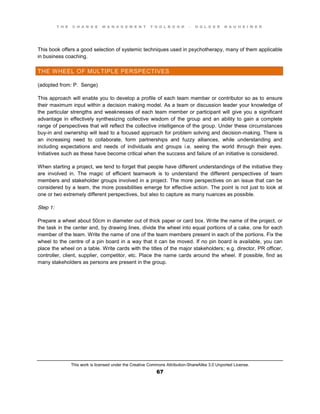 T H E C H A N G E M A N A G E M E N T T O O L B O O K – H O L G E R N A U H E I M E R
This work is licensed under the Creative Commons Attribution-ShareAlike 3.0 Unported License.
67
This book offers a good selection of systemic techniques used in psychotherapy, many of them applicable
in business coaching.
THE WHEEL OF MULTIPLE PERSPECTIVES
(adopted from: P. Senge)
This approach will enable you to develop a profile of each team member or contributor so as to ensure
their maximum input within a decision making model. As a team or discussion leader your knowledge of
the particular strengths and weaknesses of each team member or participant will give you a significant
advantage in effectively synthesizing collective wisdom of the group and an ability to gain a complete
range of perspectives that will reflect the collective intelligence of the group. Under these circumstances
buy-in and ownership will lead to a focused approach for problem solving and decision-making. There is
an increasing need to collaborate, form partnerships and fuzzy alliances, while understanding and
including expectations and needs of individuals and groups i.e. seeing the world through their eyes.
Initiatives such as these have become critical when the success and failure of an initiative is considered.
When starting a project, we tend to forget that people have different understandings of the initiative they
are involved in. The magic of efficient teamwork is to understand the different perspectives of team
members and stakeholder groups involved in a project. The more perspectives on an issue that can be
considered by a team, the more possibilities emerge for effective action. The point is not just to look at
one or two extremely different perspectives, but also to capture as many nuances as possible.
Step 1:
Prepare a wheel about 50cm in diameter out of thick paper or card box. Write the name of the project, or
the task in the center and, by drawing lines, divide the wheel into equal portions of a cake, one for each
member of the team. Write the name of one of the team members present in each of the portions. Fix the
wheel to the centre of a pin board in a way that it can be moved. If no pin board is available, you can
place the wheel on a table. Write cards with the titles of the major stakeholders; e.g. director, PR officer,
controller, client, supplier, competitor, etc. Place the name cards around the wheel. If possible, find as
many stakeholders as persons are present in the group.
 