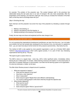 T H E C H A N G E M A N A G E M E N T T O O L B O O K – H O L G E R N A U H E I M E R
This work is licensed under the Creative Commons Attribution-ShareAlike 3.0 Unported License.
82
An example: The problem of the presenter was: The contact between staff in the provinces has
deteriorated during the last years due to our lack of transport. We only meet occasionally. After the
presentation of the drawings, one intervisor might ask: How could you increase the motivation of the field
staff, so that they want to exchange ideas with you?
Step 4: Enriching the map
Each intervisor and the presenter now enrich the map of the presenter by indicating a solution through
either:
1. Making a new drawing, or
2. Adding a new feature to the first drawing, or
3. Adding something to the drawing of the presenter.
Finally, the new maps are shown and explained and the roles change in turn.
AFTER ACTION REVIEW (AAR)
It is not surprising that organisational development practitioners can learn from the army. I am not totally
sure whether this tool has actually been developed by the American Army, but obviously it is applied by
them - you can read more about it at the Centre for Army Lessons Learned (CALL: http://call.army.mil).
The method of AAR is also applied by more peaceful organisation s such as a Christian NGO called
Tearfund (http://www.tearfund.org/) which works against poverty. It is a part of their very interesting
organisational learning set-up. They say:
"We aspire to get to a place where we:
The AAR is done on a regular base - every day, shift or other significant action, immediately, before
leaving the job. It takes about 15 minutes, makes learning conscious and explicit. It is the actual piece of
work which is reviewed. Because it is documented, it can feed into the learning system of an organisation.
It is done by individuals, or better, by the team.
The After Action Review process is shaped around 4 questions:
1. What was supposed to happen?
 What was the objective of this task?
 Was there a clear objective?
 Was it measurable?
 Does everyone agree? Maybe there were different understandings.
 You could try asking people to write down what they thought the objective was
2. What actually happened?
 What was the result?
 Was it measurable?
 Does everyone agree? What is “ground truth”?
 