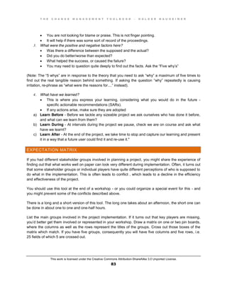 T H E C H A N G E M A N A G E M E N T T O O L B O O K – H O L G E R N A U H E I M E R
This work is licensed under the Creative Commons Attribution-ShareAlike 3.0 Unported License.
83
 You are not looking for blame or praise. This is not finger pointing.
 It will help if there was some sort of record of the proceedings.
3. What were the positive and negative factors here?
 Was there a difference between the supposed and the actual?
 Did you do better/worse than expected?
 What helped the success, or caused the failure?
 You may need to question quite deeply to find out the facts. Ask the “Five why’s”
(Note: The “5 whys” are in response to the theory that you need to ask “why” a maximum of five times to
find out the real tangible reason behind something. If asking the question “why” repeatedly is causing
irritation, re-phrase as “what were the reasons for....” instead).
4. What have we learned?
 This is where you express your learning, considering what you would do in the future -
specific actionable recommendations (SARs).
 If any actions arise, make sure they are adopted
a) Learn Before - Before we tackle any sizeable project we ask ourselves who has done it before,
and what can we learn from them?
b) Learn During - At intervals during the project we pause, check we are on course and ask what
have we learnt?
c) Learn After - At the end of the project, we take time to stop and capture our learning and present
it in a way that a future user could find it and re-use it."
EXPECTATION MATRIX
If you had different stakeholder groups involved in planning a project, you might share the experience of
finding out that what works well on paper can look very different during implementation. Often, it turns out
that some stakeholder groups or individual players have quite different perceptions of who is supposed to
do what in the implementation. This is often leads to conflict , which leads to a decline in the efficiency
and effectiveness of the project.
You should use this tool at the end of a workshop - or you could organize a special event for this - and
you might prevent some of the conflicts described above.
There is a long and a short version of this tool. The long one takes about an afternoon, the short one can
be done in about one to one and one-half hours.
List the main groups involved in the project implementation. If it turns out that key players are missing,
you’d better get them involved or represented in your workshop. Draw a matrix on one or two pin boards,
where the columns as well as the rows represent the titles of the groups. Cross out those boxes of the
matrix which match. If you have five groups, consequently you will have five columns and five rows, i.e.
25 fields of which 5 are crossed out.
 