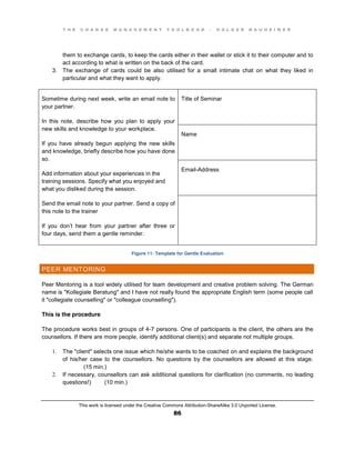 T H E C H A N G E M A N A G E M E N T T O O L B O O K – H O L G E R N A U H E I M E R
This work is licensed under the Creative Commons Attribution-ShareAlike 3.0 Unported License.
86
them to exchange cards, to keep the cards either in their wallet or stick it to their computer and to
act according to what is written on the back of the card.
3. The exchange of cards could be also utilised for a small intimate chat on what they liked in
particular and what they want to apply.
Sometime during next week, write an email note to
your partner.
In this note, describe how you plan to apply your
new skills and knowledge to your workplace.
If you have already begun applying the new skills
and knowledge, briefly describe how you have done
so.
Add information about your experiences in the
training sessions. Specify what you enjoyed and
what you disliked during the session.
Send the email note to your partner. Send a copy of
this note to the trainer
If you don’t hear from your partner after three or
four days, send them a gentle reminder.
Title of Seminar
Name
Email-Address
Figure 11: Template for Gentle Evaluation
PEER MENTORING
Peer Mentoring is a tool widely utilised for team development and creative problem solving. The German
name is "Kollegiale Beratung" and I have not really found the appropriate English term (some people call
it "collegiate counselling" or "colleague counselling").
This is the procedure
The procedure works best in groups of 4-7 persons. One of participants is the client, the others are the
counsellors. If there are more people, identify additional client(s) and separate not multiple groups.
1. The "client" selects one issue which he/she wants to be coached on and explains the background
of his/her case to the counsellors. No questions by the counsellors are allowed at this stage.
(15 min.)
2. If necessary, counsellors can ask additional questions for clarification (no comments, no leading
questions!) (10 min.)
 