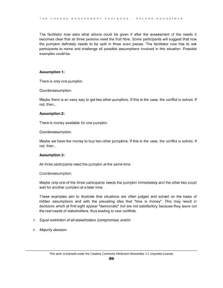 T H E C H A N G E M A N A G E M E N T T O O L B O O K – H O L G E R N A U H E I M E R
This work is licensed under the Creative Commons Attribution-ShareAlike 3.0 Unported License.
89
The facilitator now asks what advice could be given if after the assessment of the needs it
becomes clear that all three persons need the fruit fibre. Some participants will suggest that now
the pumpkin definitely needs to be split in three even pieces. The facilitator now has to ask
participants to name and challenge all possible assumptions involved in this situation. Possible
examples could be:
Assumption 1:
There is only one pumpkin.
Counterassumption:
Maybe there is an easy way to get two other pumpkins. If this is the case, the conflict is solved. If
not, then...
Assumption 2:
There is money available for one pumpkin.
Counterassumption:
Maybe we have the money to buy two other pumpkins. If this is the case, the conflict is solved. If
not, then...
Assumption 3:
All three participants need the pumpkin at the same time.
Counterassumption:
Maybe only one of the three participants needs the pumpkin immediately and the other two could
wait for another pumpkin at a later time.
These examples aim to illustrate that situations are often judged and solved on the basis of
hidden assumptions and with the prevailing idea that "time is money". This may result in
decisions which at first sight appear "democratic" but are not satisfactory because they leave out
the real needs of stakeholders, thus leading to new conflicts.
3. Equal restriction of all stakeholders (compromise) and/or
4. Majority decision
 