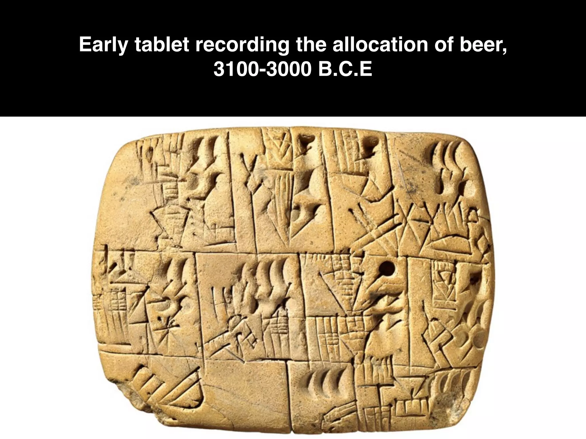 Early tablet recording the allocation of beer,
3100-3000 B.C.E
 