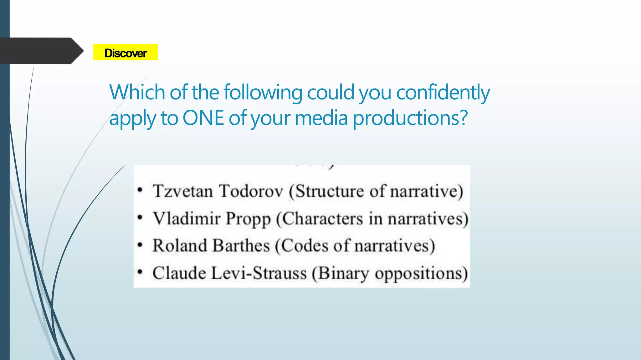 Which of the followingcouldyou confidently
apply to ONE of your media productions?
Discover
 