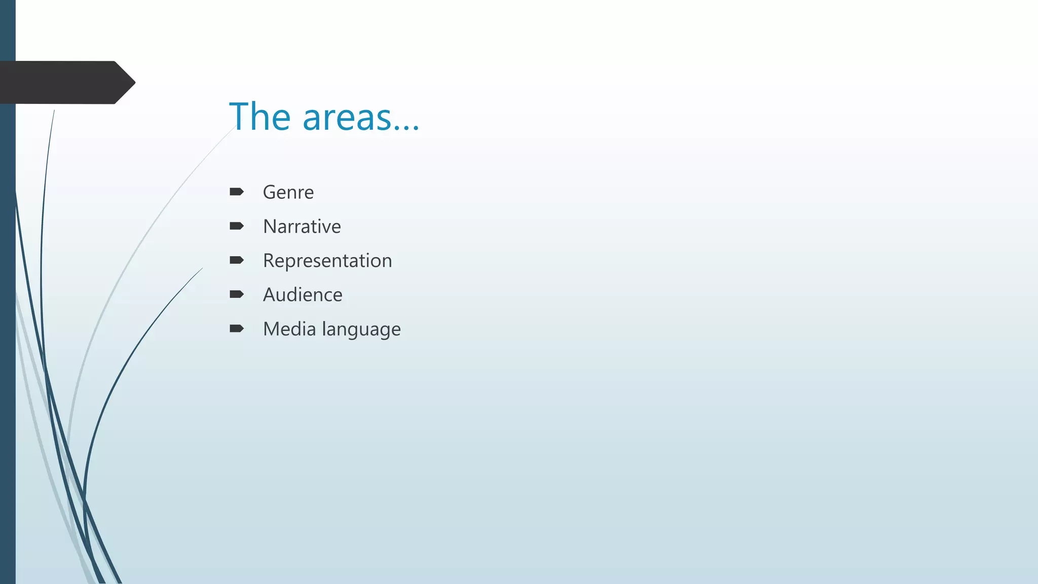 The areas…
 Genre
 Narrative
 Representation
 Audience
 Media language
 