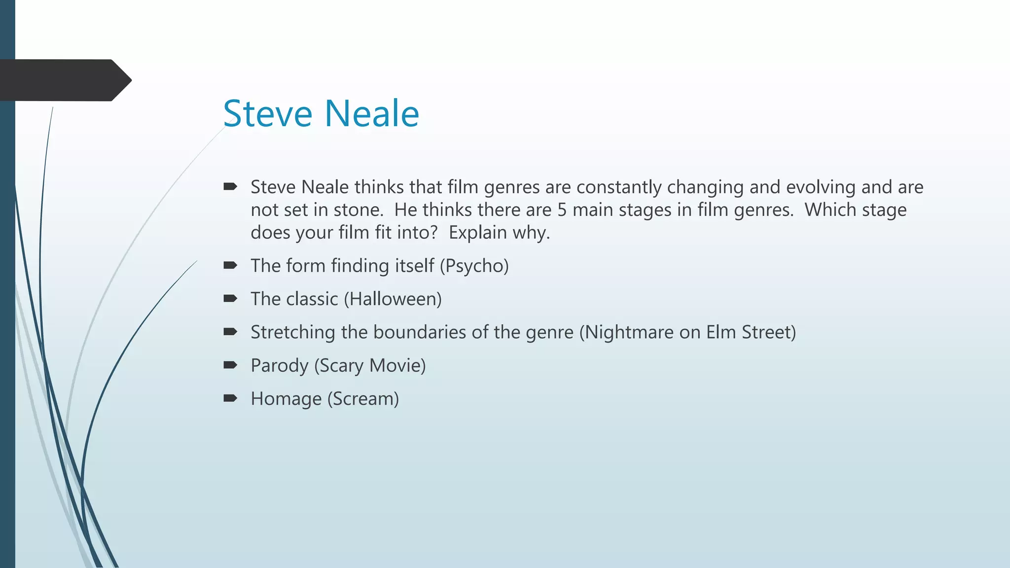 Steve Neale
 Steve Neale thinks that film genres are constantly changing and evolving and are
not set in stone. He thinks there are 5 main stages in film genres. Which stage
does your film fit into? Explain why.
 The form finding itself (Psycho)
 The classic (Halloween)
 Stretching the boundaries of the genre (Nightmare on Elm Street)
 Parody (Scary Movie)
 Homage (Scream)
 