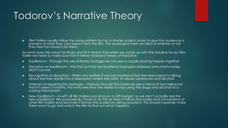 Todorov’s Narrative Theory
 Film Trailers usually follow the same pattern but on a shorter scale in order to give the audience a
preview of what they can expect from the film. This would give them an idea of whether or not
they feel the movie is for them.
So what does this mean for Shola and I? It means that when we come up with the storyline for our film
trailer we need to make sure that it follows Todorovs theory of Narrative.
 Equilibrium – Through the use of library footage we can see a couple playing happily together.
 Disruption of equilibrium – We find out that her boyfriend had been stabbed and unfortunately
didn’t survive.
 Recognition of disruption – When she realises it was her boyfriend that the news report is talking
about she then spirals into a depression where she starts to abuse substances and alcohol.
 Attempt of repairing the damage – Halfway through the trailer we see a friend of hers telling her
that it’s been 3 months, this insinuates that she needs to stop using the drugs and alcohol as a
coping mechanism.
 New Equilibrium – A with all film trailers ours ends on a cliff-hanger, so we don’t actually see the
new equilibrium. We purposefully chose to do this as firstly it follows the codes and conventions of
other film trailers and secondly it leaves the audience asking questions. This should hopefully make
them want to go and watch the film to find out what happens.
 